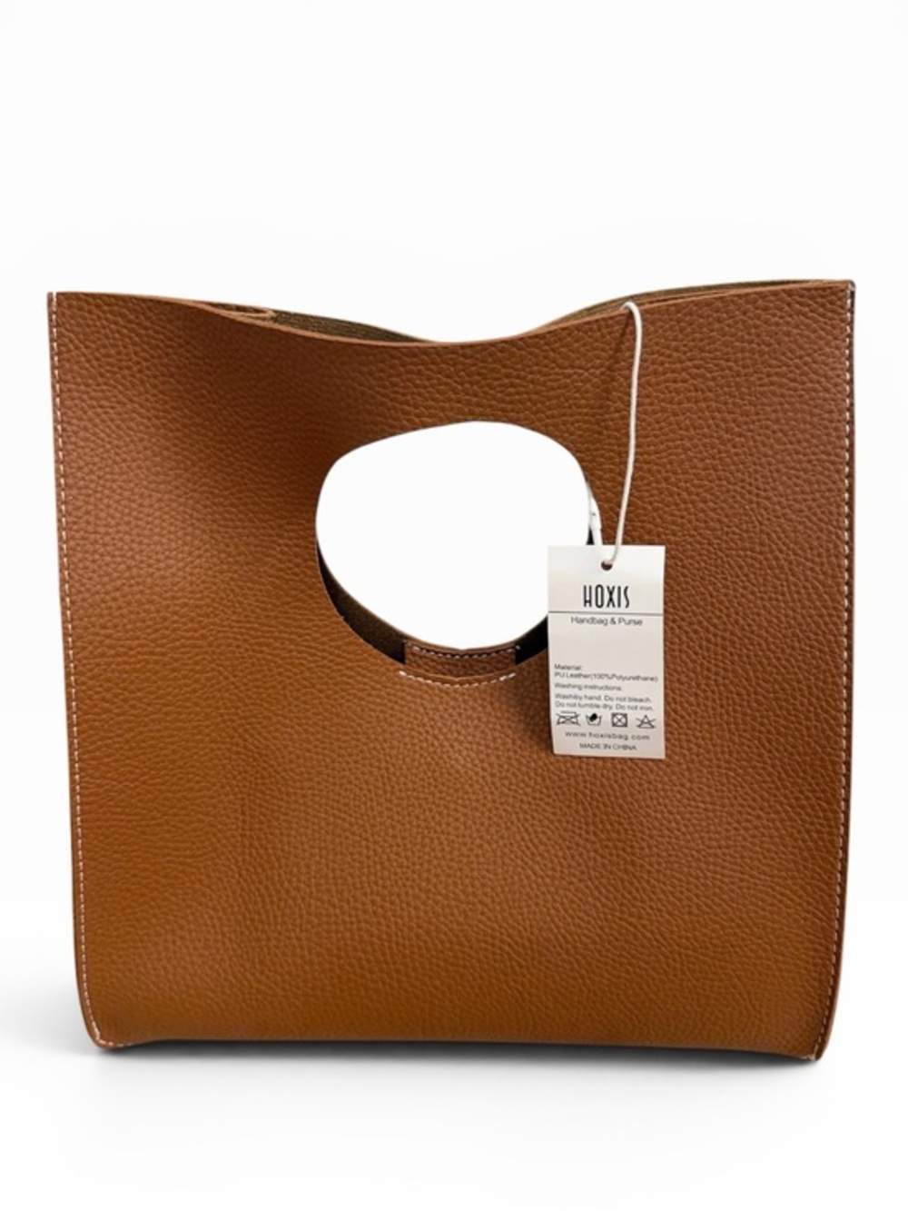 Hoxis Brown Minimalist Cutout Handle Faux Leather Handbag Clutch Tote NWT